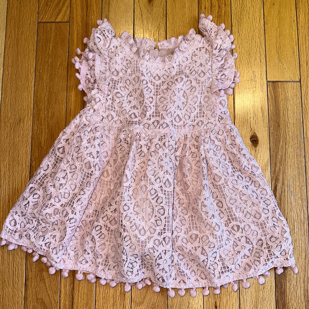 2Bunnies pink lace and pom pom dress sz 6-12 mos